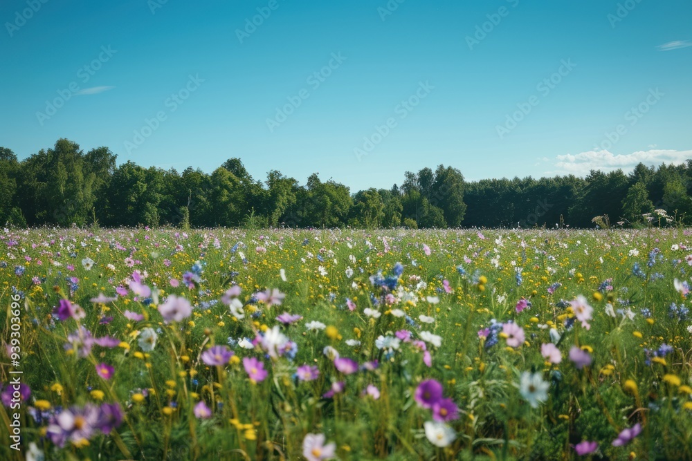 wide shot of flower field on a sunny day, purple and white flowers wide shot of flower field on a sunny day, purple and white flowers