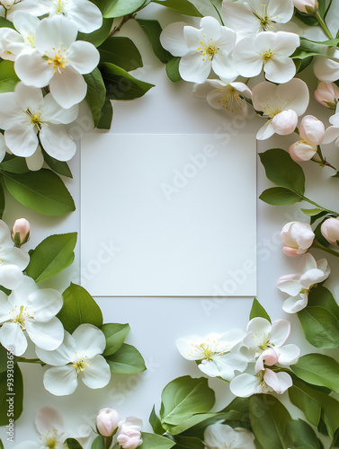 Top View White Floral Frame with Blank Space. Top view of a white floral frame with a blank space in the center, ideal for wedding or greeting cards.