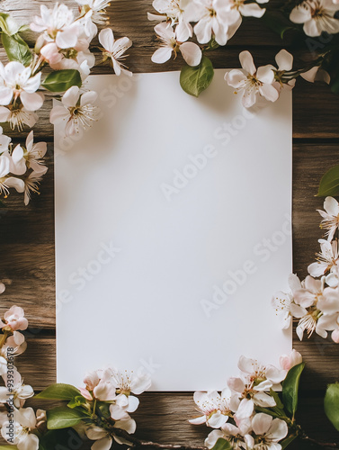 Top View Blank Paper with Cherry Blossoms. Top view of blank paper surrounded by cherry blossoms on wood.