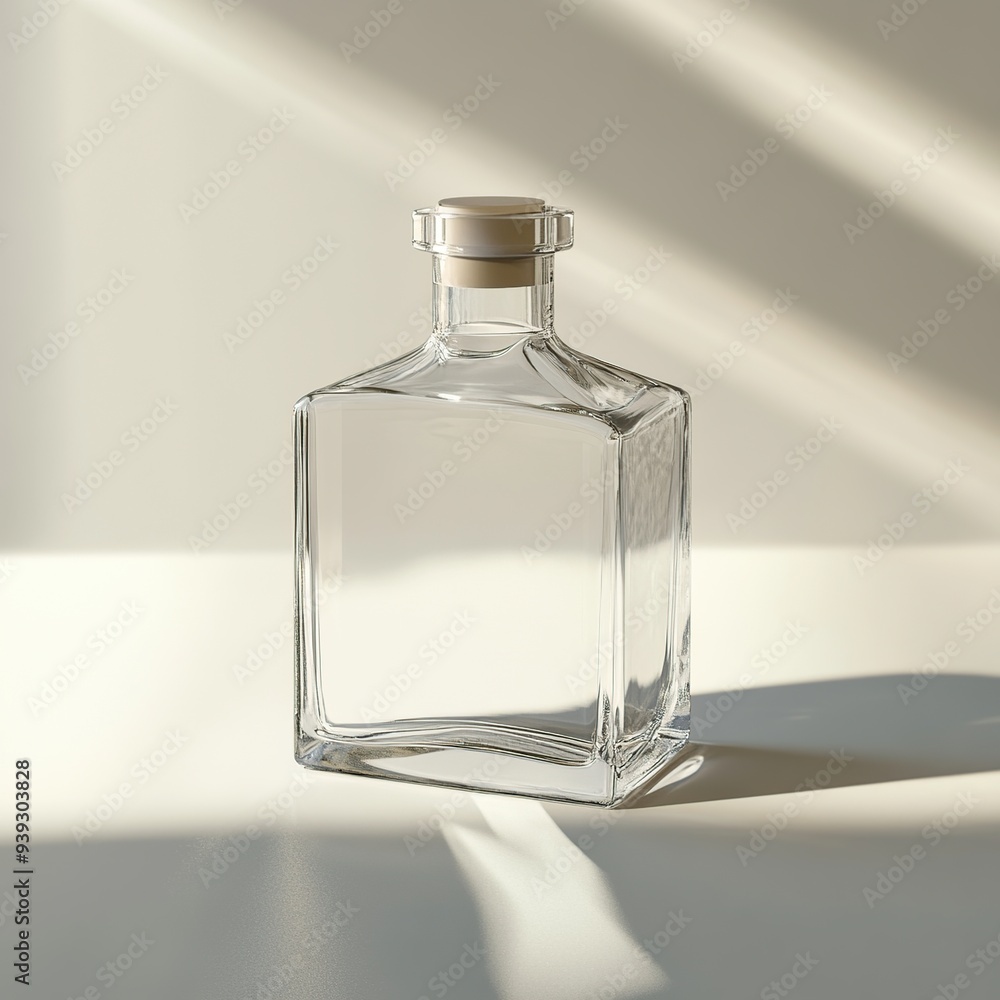 Empty glass bottle with cork top on white background with soft shadows. Empty glass bottle with cork top on white background with soft shadows.