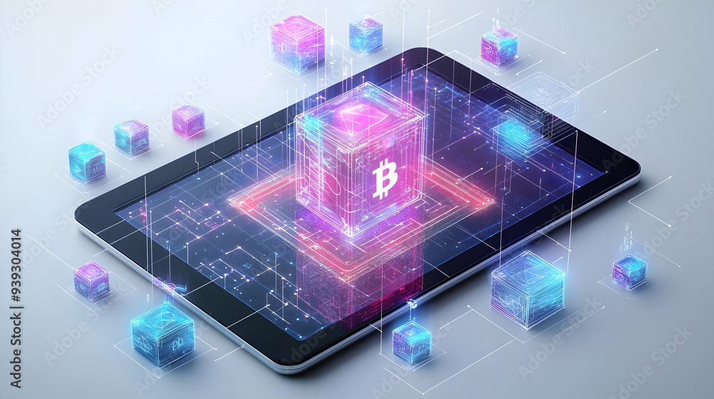 3d Flat icon as Tablet with Holographic Blockchain Icon and Cryptocurrency Icon concept as A photo depicting a tablet with a glossy glowing holographic blockchain icon and cryptocurrency icon. The obj 3d Flat icon as Tablet with Holographic Blockchain Icon and Cryptocurrency Icon concept as A photo depicting a tablet with a glossy glowing holographic blockchain icon and cryptocurrency icon. The obj