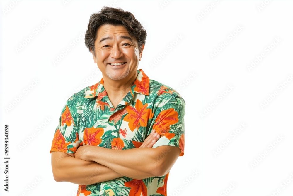 Smiling Asian Man in Tropical Floral Shirt Smiling Asian Man in Tropical Floral Shirt