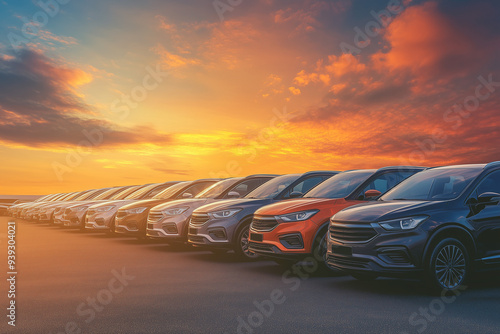 Vibrant Sunset Over Car Dealership. Row of new cars at sunset in a dealership parking lot.