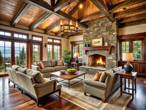 * Exposed beams add rustic charm to the Great Room, while a stately stone fireplace anchors the space with warmth and sophistication.