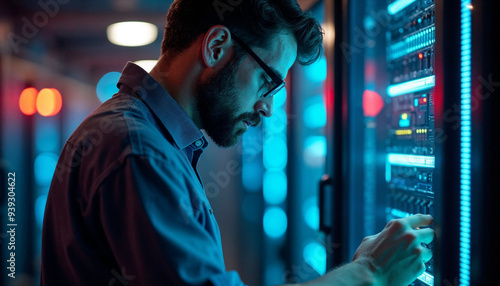 An IT specialist checking servers in a data center.