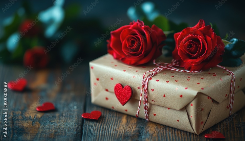 Two red roses adorned with green leaves lie on top of two beautifully wrapped gifts tied. Two red roses adorned with green leaves lie on top of two beautifully wrapped gifts tied.