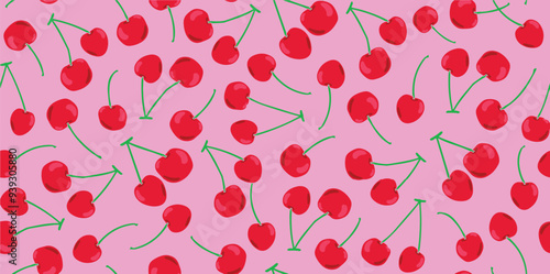 Seamless pattern with red cherry fruit on pink background vector