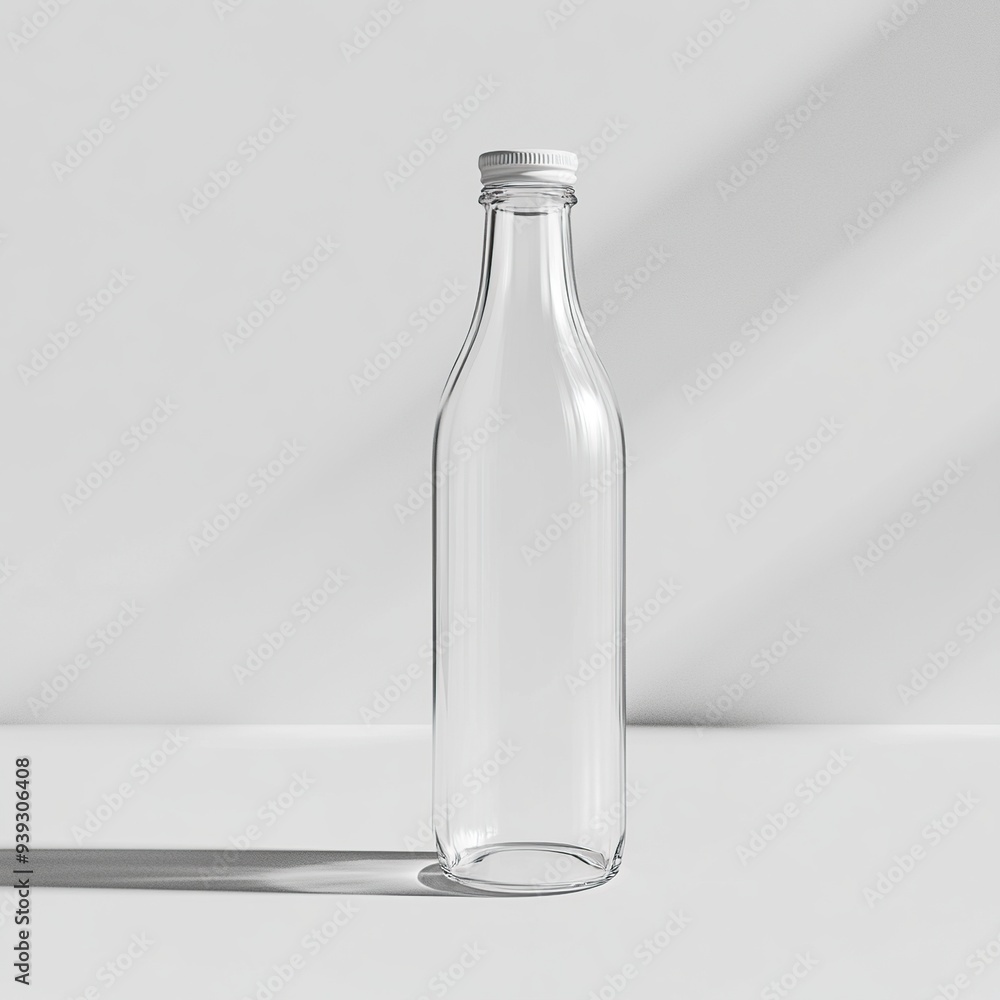 Empty glass bottle with a white lid on a white background. Empty glass bottle with a white lid on a white background.