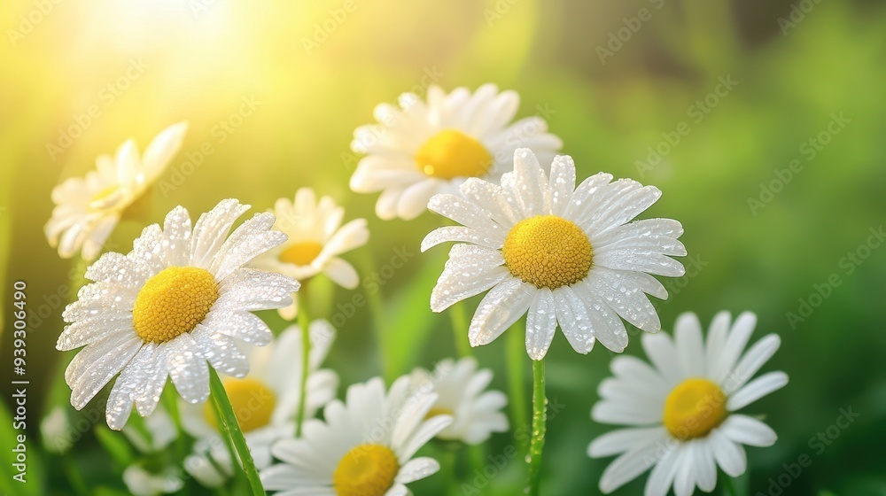 A vibrant display of daisies sparkling with dew in a sunlit garden. A vibrant display of daisies sparkling with dew in a sunlit garden.