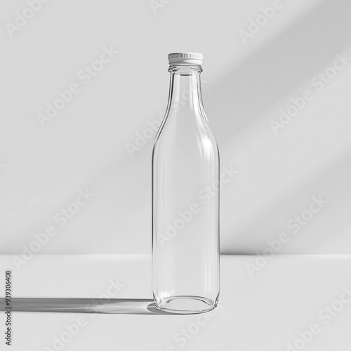 Empty glass bottle with a white lid on a white background.