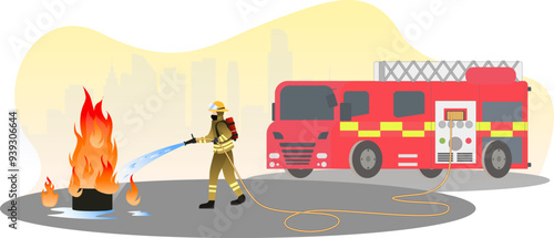 firefighters extinguishing the flames with water pressure vector illustration, Fire fighter learning to stop the fire burn under emergency case