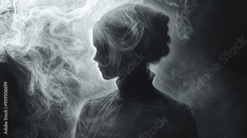 Mysterious woman surrounded by smoke in a dark, eerie room