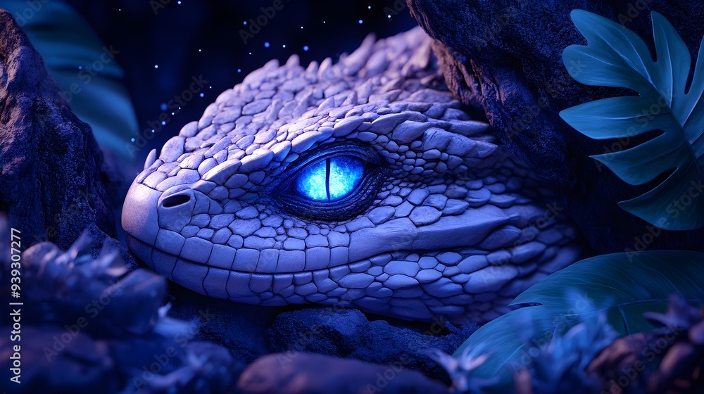 Fantasy dragon curled around a glowing crystal in a mystical cave ...