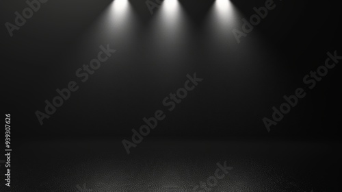 An empty, darkened stage is illuminated by three intense spotlights, creating a focused atmosphere with ominous undertones.