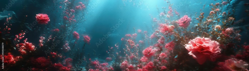 Naklejka premium A vibrant underwater scene featuring colorful coral reefs illuminated by sunlight, creating a serene aquatic atmosphere.