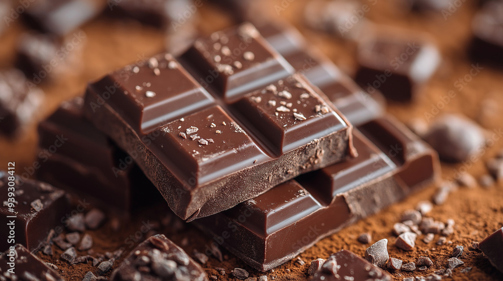 pieces of chocolate. Dark Chocolate chunks and stacked broken chocolate bar. pieces of chocolate. Dark Chocolate chunks and stacked broken chocolate bar.
