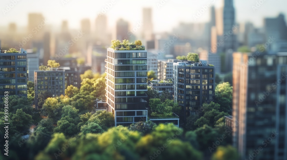 Obraz premium A serene urban skyline view highlighting modern high-rise buildings surrounded by lush greenery during daytime.