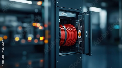 A closeup of the cabinet s door being opened, with the fire hose starting to uncoil, Ready for Action, capturing the moment of activation in an emergency photo