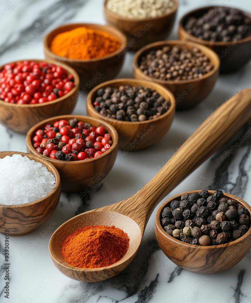 spices and herbs in a wooden spoon spices and herbs in a wooden spoon