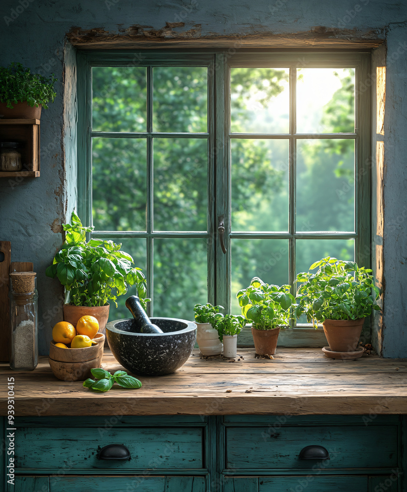 mortar and pestle with herbs on a kitchen mortar and pestle with herbs on a kitchen