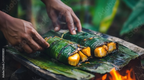 Traditional indigenous cooking with food wrapped in banana leaves over an open flame photo