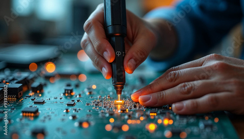 close-up of an electrical engineer examining circuits
 photo