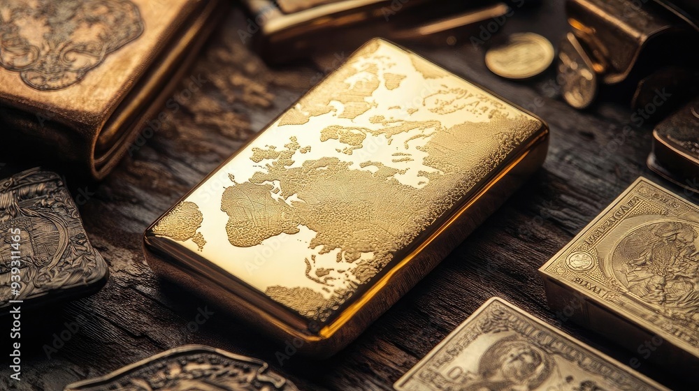 Fototapeta premium Elegant golden case with a world map design, surrounded by vintage coins and decorative artifacts on a rustic wooden surface.