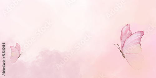 Fototapeta Naklejka Na Ścianę i Meble -  Abstract watercolor wash pastel pink texture with pink butterfly background
