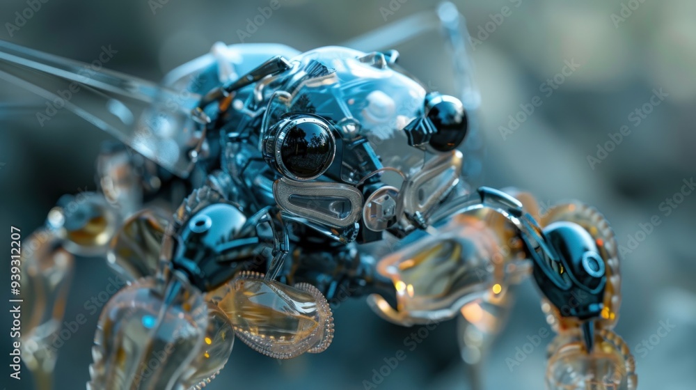 A tiny robot made of gelly in shades of opale. A tiny robot made of gelly in shades of opale.