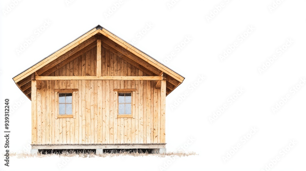 Simple wooden cabin with a porch, isolated on white, Watercolor style Simple wooden cabin with a porch, isolated on white, Watercolor style