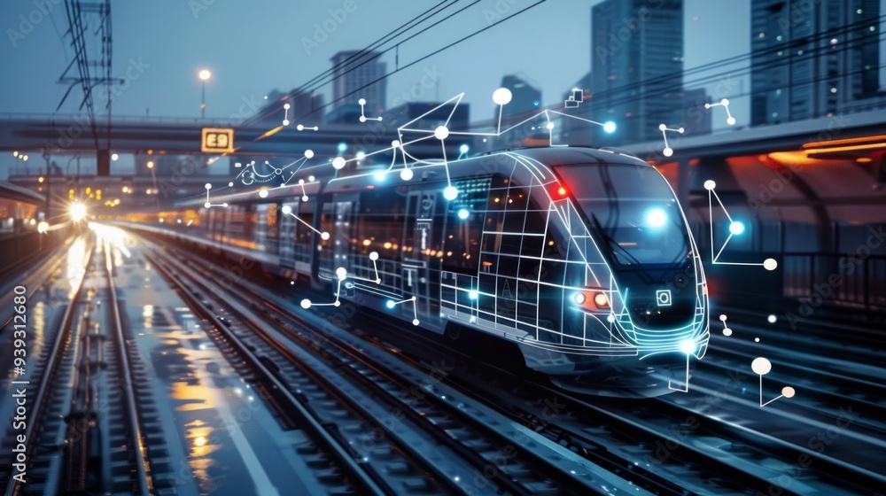 Urban night scene with tram, colorful light trails, wet city streets reflecting city lights and modern architecture Urban night scene with tram, colorful light trails, wet city streets reflecting city lights and modern architecture