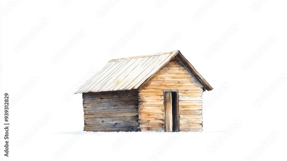 Simple wooden shack, weathered and rustic, isolated on white, Watercolor style Simple wooden shack, weathered and rustic, isolated on white, Watercolor style