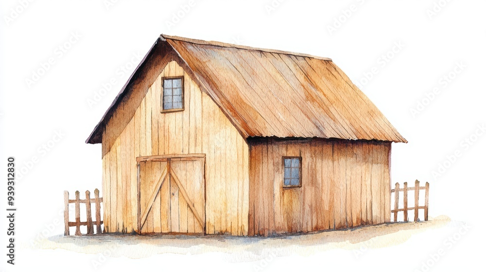 Small wooden barn, rustic and charming, isolated on white, Watercolor style Small wooden barn, rustic and charming, isolated on white, Watercolor style