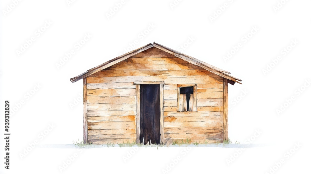 Simple wooden shack, weathered and rustic, isolated on white, Watercolor style Simple wooden shack, weathered and rustic, isolated on white, Watercolor style