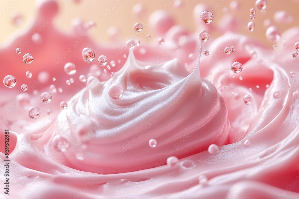 Pink Whirl: A close-up, abstract photo of a pink liquid or cream with a dynamic splash, creating a mesmerizing swirl of textures and droplets. It evokes a sense of freshness, indulgence, and beauty. Pink Whirl: A close-up, abstract photo of a pink liquid or cream with a dynamic splash, creating a mesmerizing swirl of textures and droplets. It evokes a sense of freshness, indulgence, and beauty.