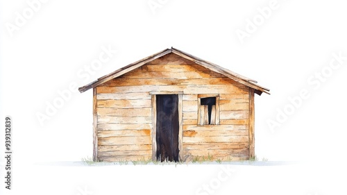 Simple wooden shack, weathered and rustic, isolated on white, Watercolor style