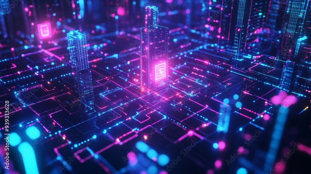 Futuristic Digital Network with Glowing Neon Servers and Data Nodes Futuristic Digital Network with Glowing Neon Servers and Data Nodes