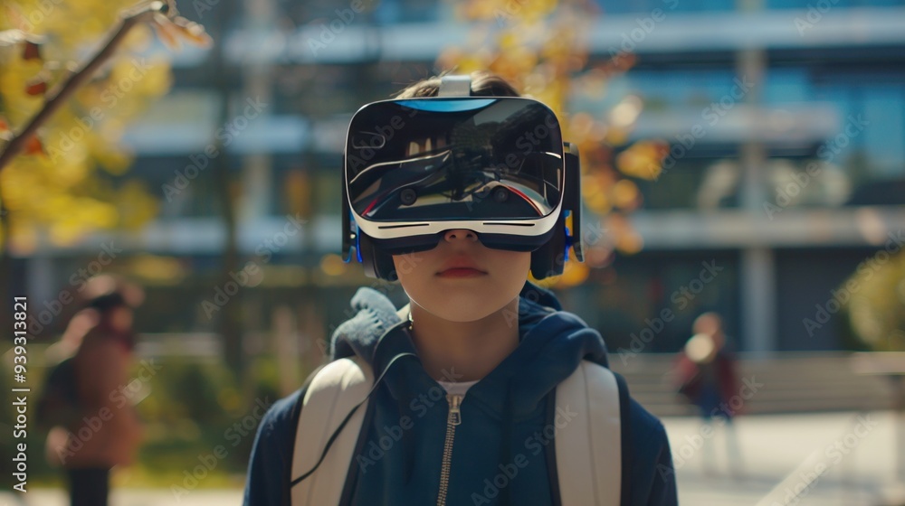 School student with VR headset using.