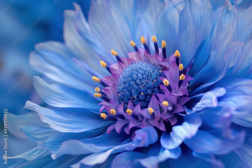 Obraz premium Close up of a blue dahlia flower blooming in a garden, showcasing its intricate details and vibrant color