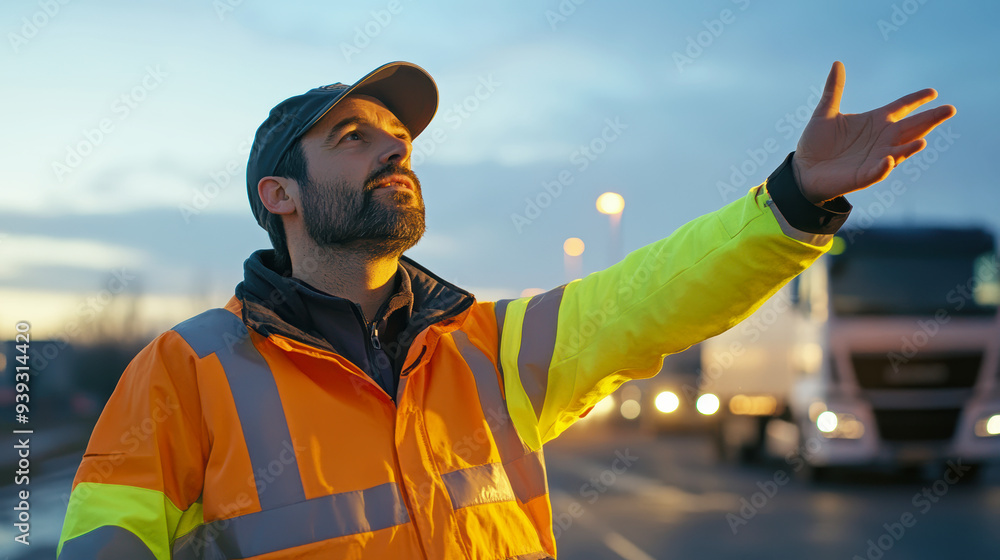 An officer directing traffic at a busy industrial zone, ensuring smooth flow and safety for workers and vehicles. An officer directing traffic at a busy industrial zone, ensuring smooth flow and safety for workers and vehicles.
