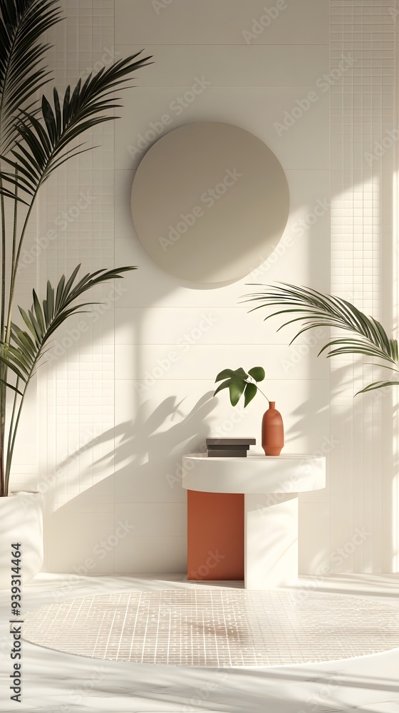 44. Elegant 3D design showcasing geometric figures and a polished circle ceramic backdrop 44. Elegant 3D design showcasing geometric figures and a polished circle ceramic backdrop