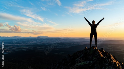 Wallpaper Mural Person standing on a mountain peak with arms raised in celebration, overlooking a vast landscape at sunrise. The scene conveys achievement and the beauty of nature at dawn. Torontodigital.ca