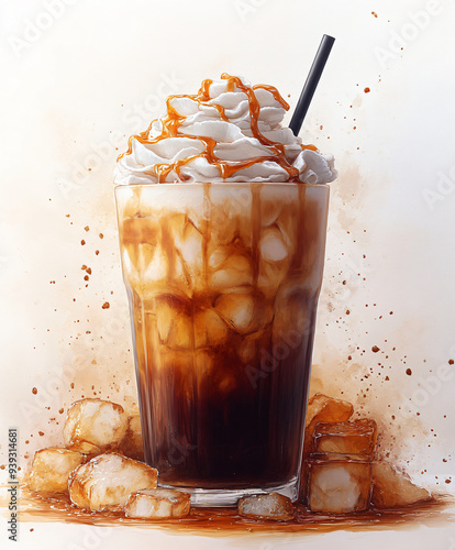 painted iced coffee with cream and caramel sauce