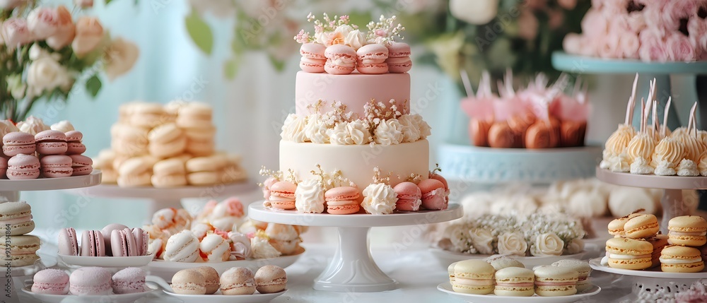 Delicious French Macarons and Cake on a Wedding Dessert Table Delicious French Macarons and Cake on a Wedding Dessert Table