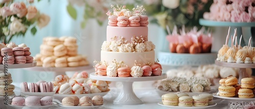Wallpaper Mural Delicious French Macarons and Cake on a Wedding Dessert Table Torontodigital.ca