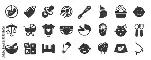 Pregnancy glyph solid icons collection. Containing baby, mother, pregnant, birt, born. Minimal icon and symbol series vector illustration