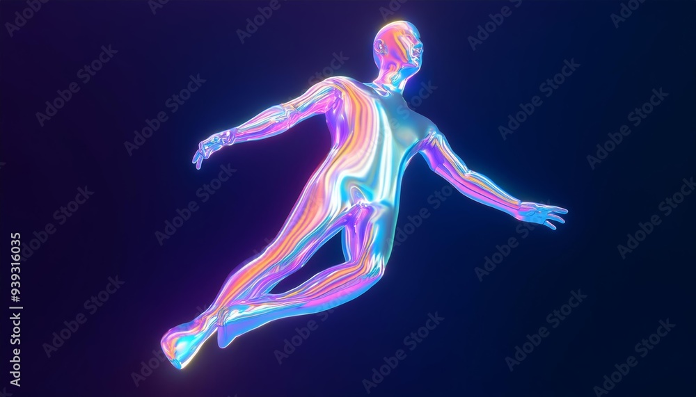 Holographic figure floats in a cosmic sea of color Holographic figure floats in a cosmic sea of color