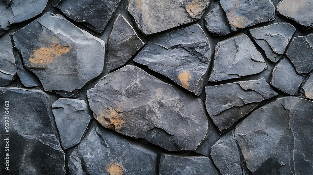A close-up shot of a wall made of dark grey stone. The stones are irregular in shape and size, creating a textured surface. A close-up shot of a wall made of dark grey stone. The stones are irregular in shape and size, creating a textured surface.