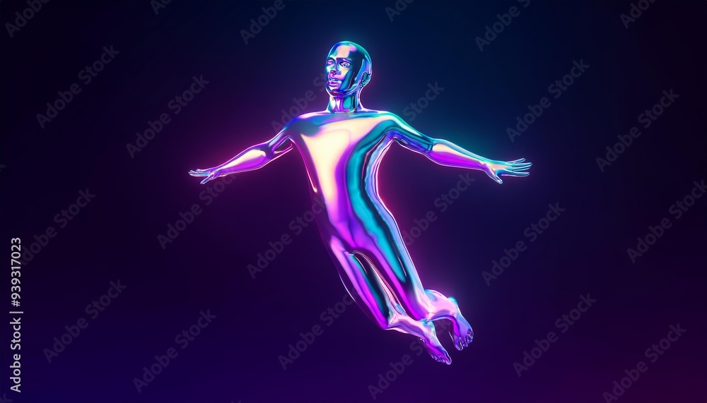 Metallic figure floats through a colorful void Metallic figure floats through a colorful void