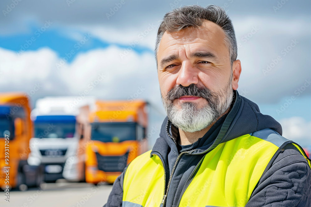Truck driver in safety vest standing confidently in front of a fleet of trucks. The skilled driver showcases professionalism and dedication on the job Truck driver in safety vest standing confidently in front of a fleet of trucks. The skilled driver showcases professionalism and dedication on the job